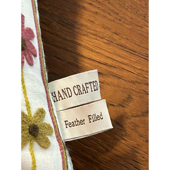 Hand Crafted Crewel Embriodery Pillow Feather Filled Zipper Yellow Pink Flowers - Picture 3 of 5